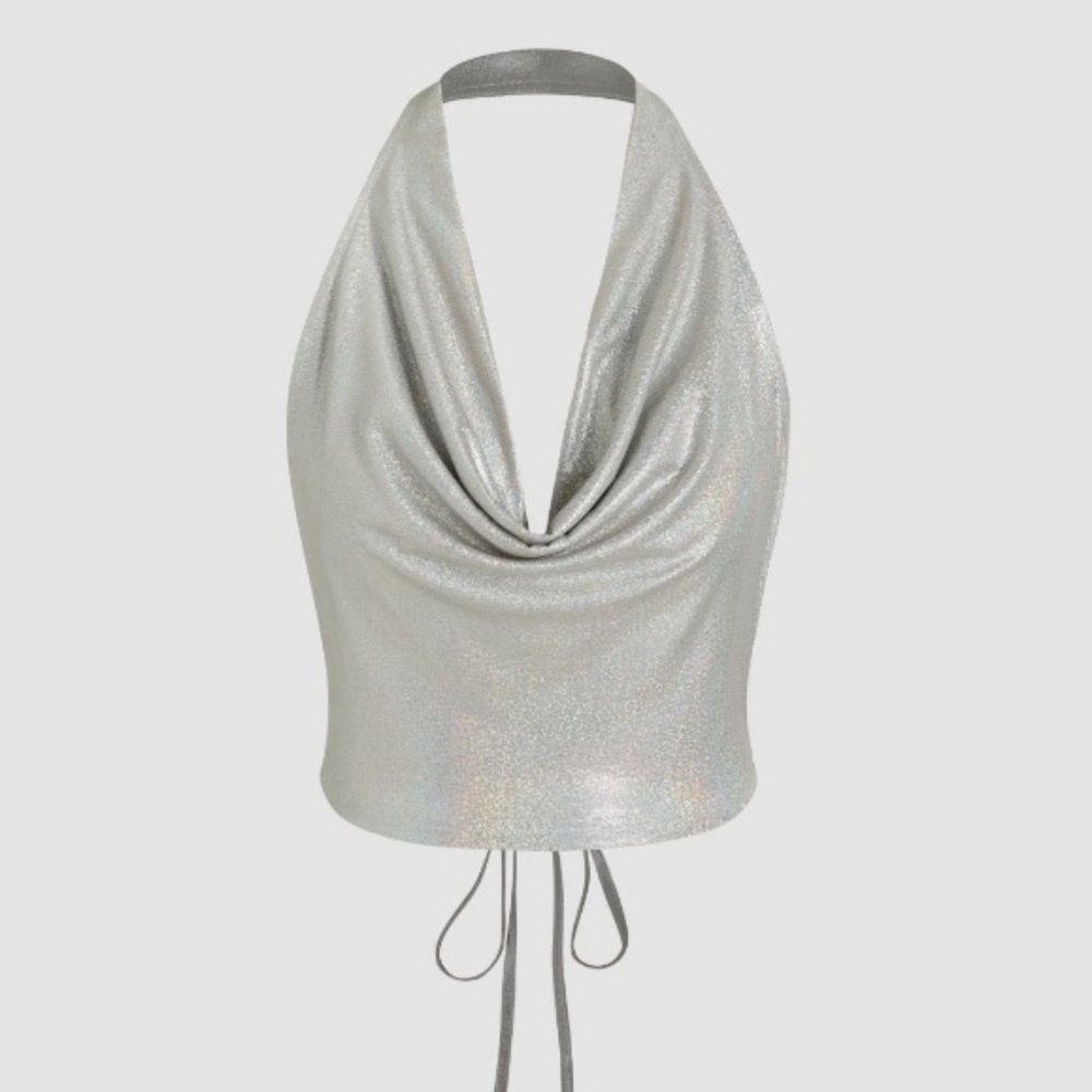 Cider NWT Sequin Cowl Neck Halter Knotted Crop Top | Size Medium